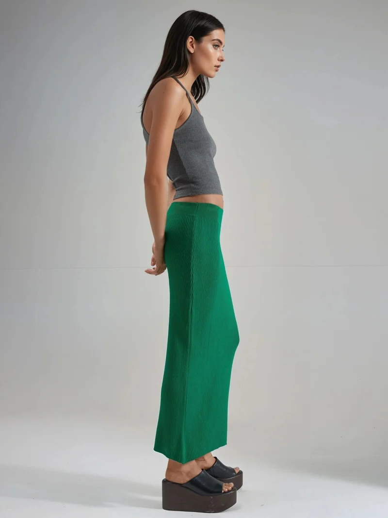 MY FASHION Green MY FASHION High Waist Ribbed Knit Maxi Skirt for Women | Best Price UAE